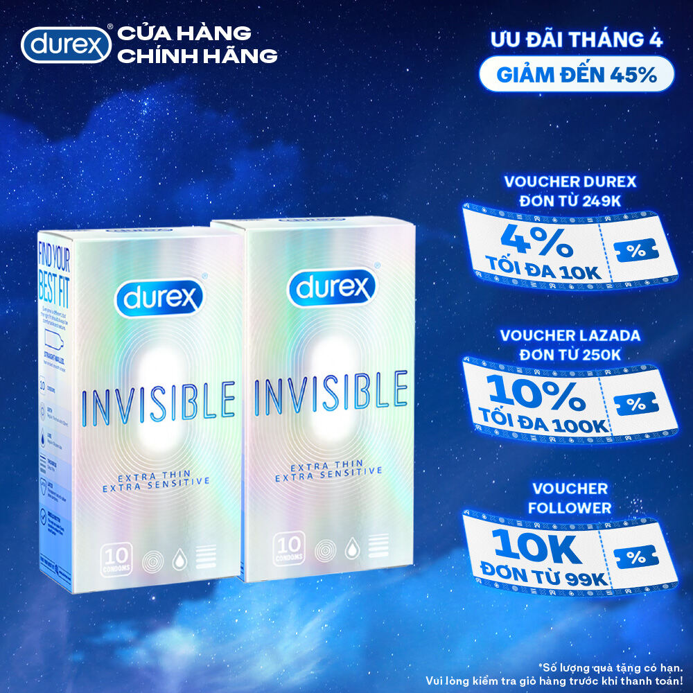 Bộ 2 hộp bao cao su Durex Invisible siêu mỏng, size 52mm, 10 bao/hộp