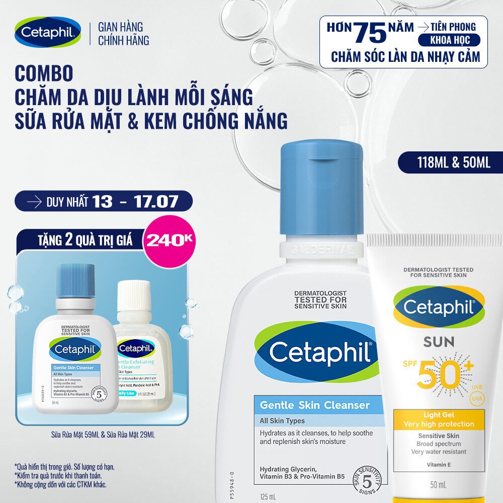Bộ Sữa rửa mặt CETAPHIL GENTLE SKIN CLEANSER 125ML  Gel chống nắng dịu lành CETAPHIL SUN SPF 50+ LIGHT GEL 50ML