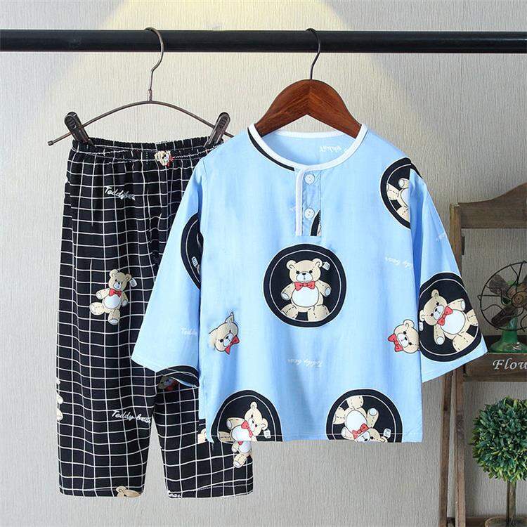 Đồ Ngủ Trẻ Em Lụa Cotton Mùa Hè Bộ Đồ Bé Trai Bộ Đồ Mặc Nhà Điều Hòa Bé Gái Mỏng Tay Dài Lụa Thô Bé Gái Em Bé
