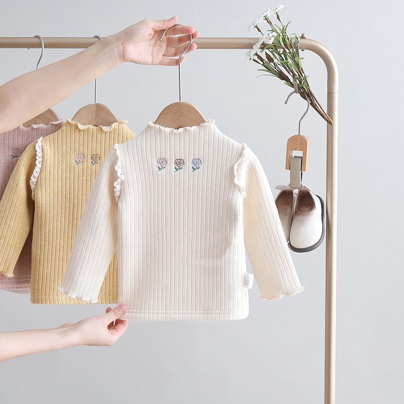 Áo Thun Lót Lông Cừu Ren Cho Bé Gái Mùa Thu Đông Dày Dặn Dài Tay Áo Phông Cổ Cao Màu Trơn Ngọt Ngào Cho Bé Gái