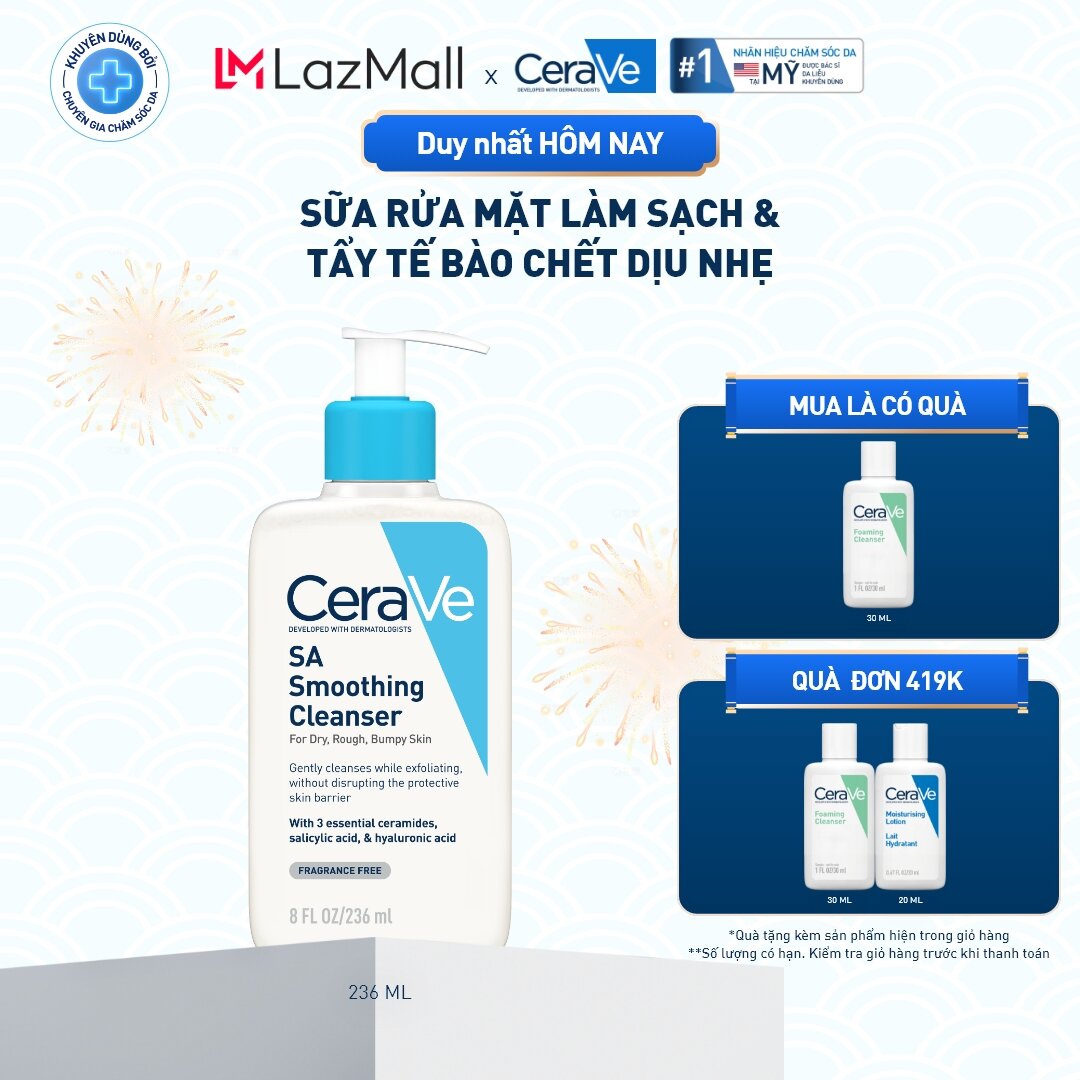  Sữa rửa mặt làm sạch da loại bỏ dầu thừa và tẩy tế bào chết dịu nhẹ không gây khô da CeraVe SA Smoothing Cleanser 236ML 