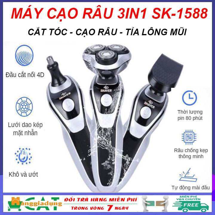 Máy cạo râu đa năng SK1588 3 in 1 thông minh chống nước . Máy cạo râu đa năng 3 lưỡi kép .Tự động mài lưỡi cạo trong lúc hoạt động .Thích hợp với các bạn nam nhiều râu râu mọc nhanh và thường xuyên đi công tác