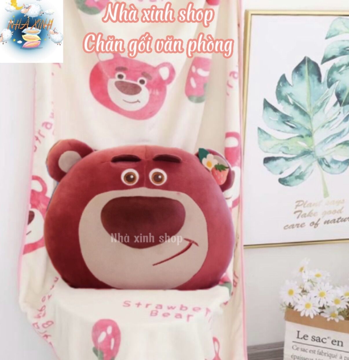 Bộ chăn gối văn phòng mặt gáu dâu tây
