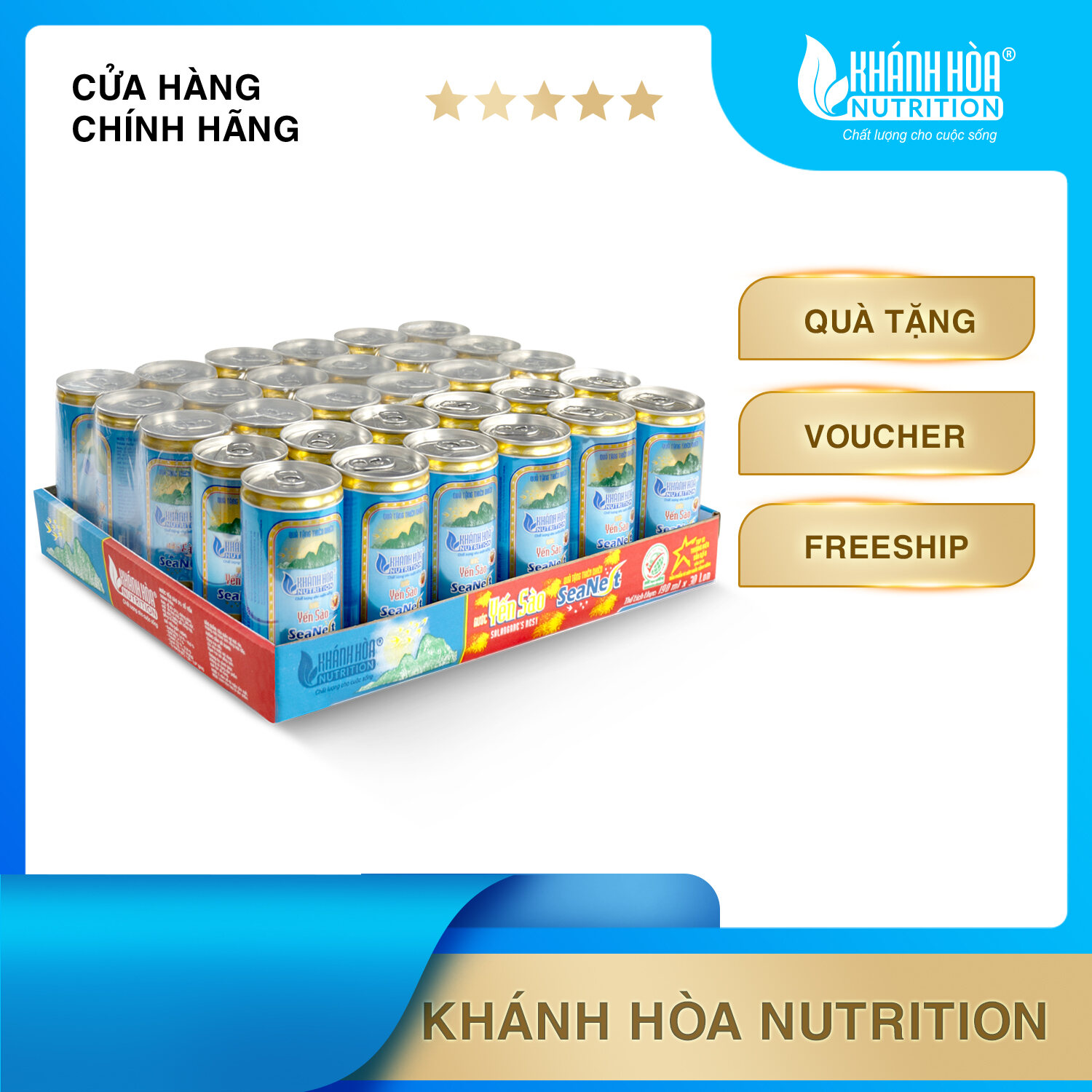 Khay 5 Lốc Nước Yến Sào Cao Cấp SeaNest 3% Tổ Yến -  Lon 190 ML (30 Lon/ Khay) - Khánh Hòa Nutrition