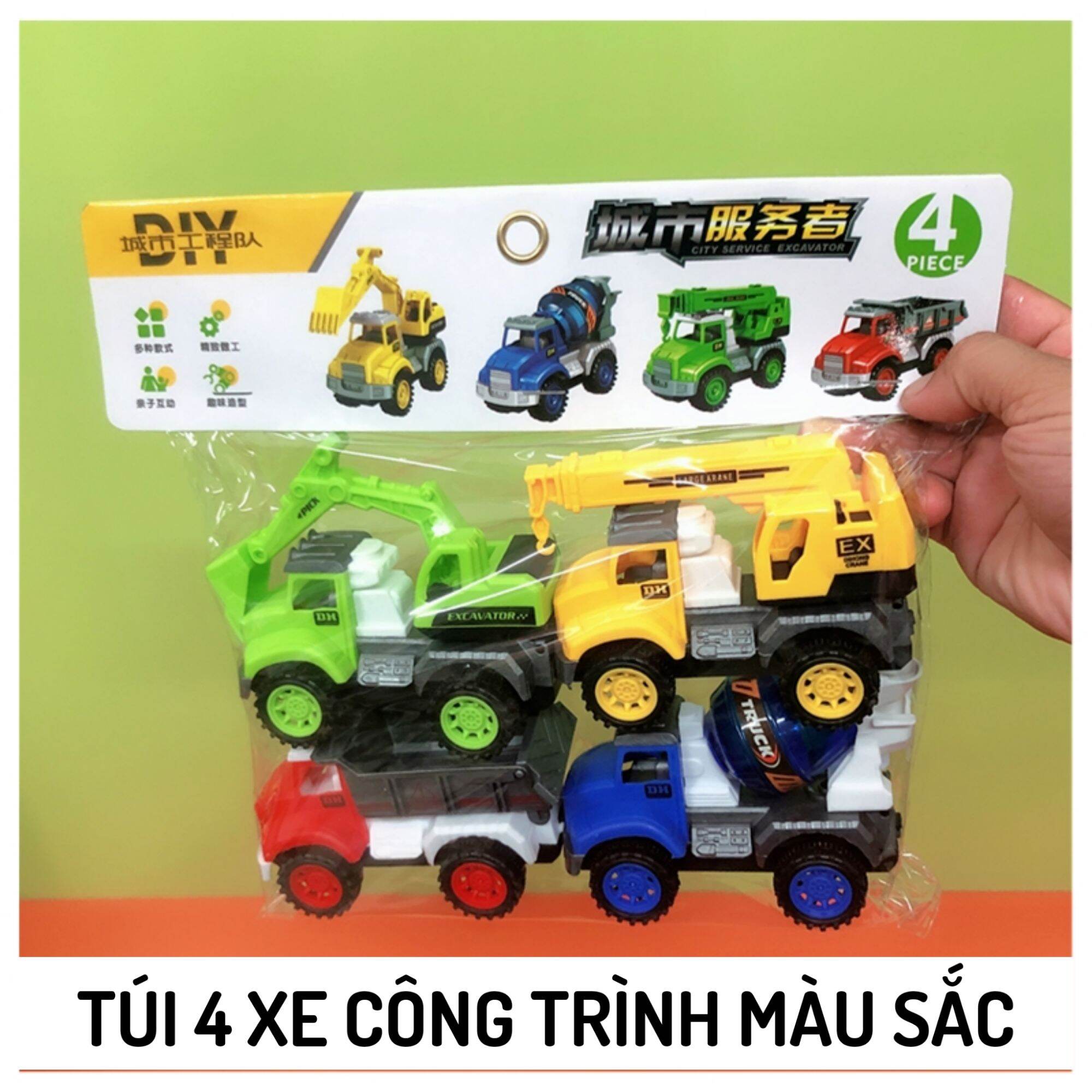 Túi 4 xe công trình nhiều màu sắc đẩy đà