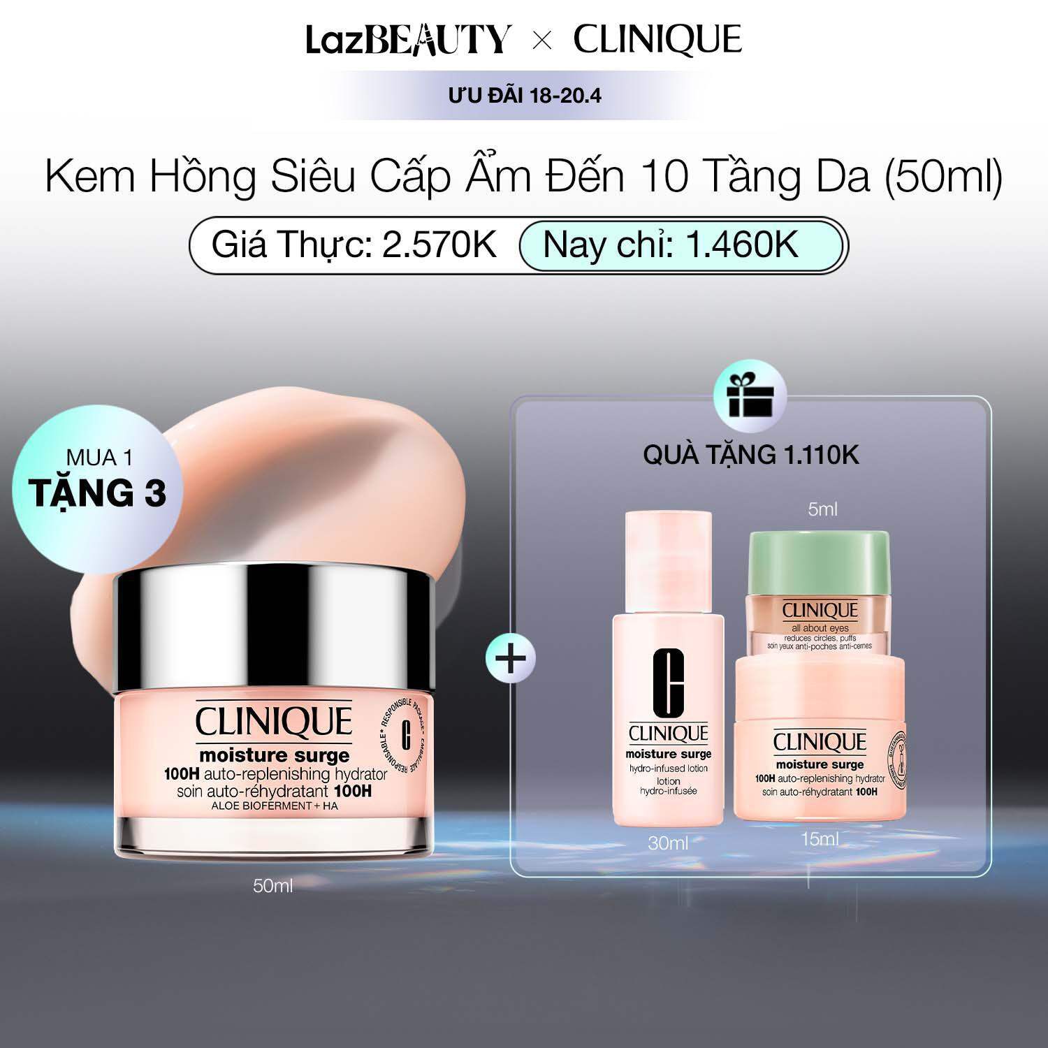 Kem hồng dưỡng ẩm tức thì 100H Clinique Moisture Surge 100H Auto-Replenishing Hydrator - Moisturizer (30ml, 50ml, 75ml)