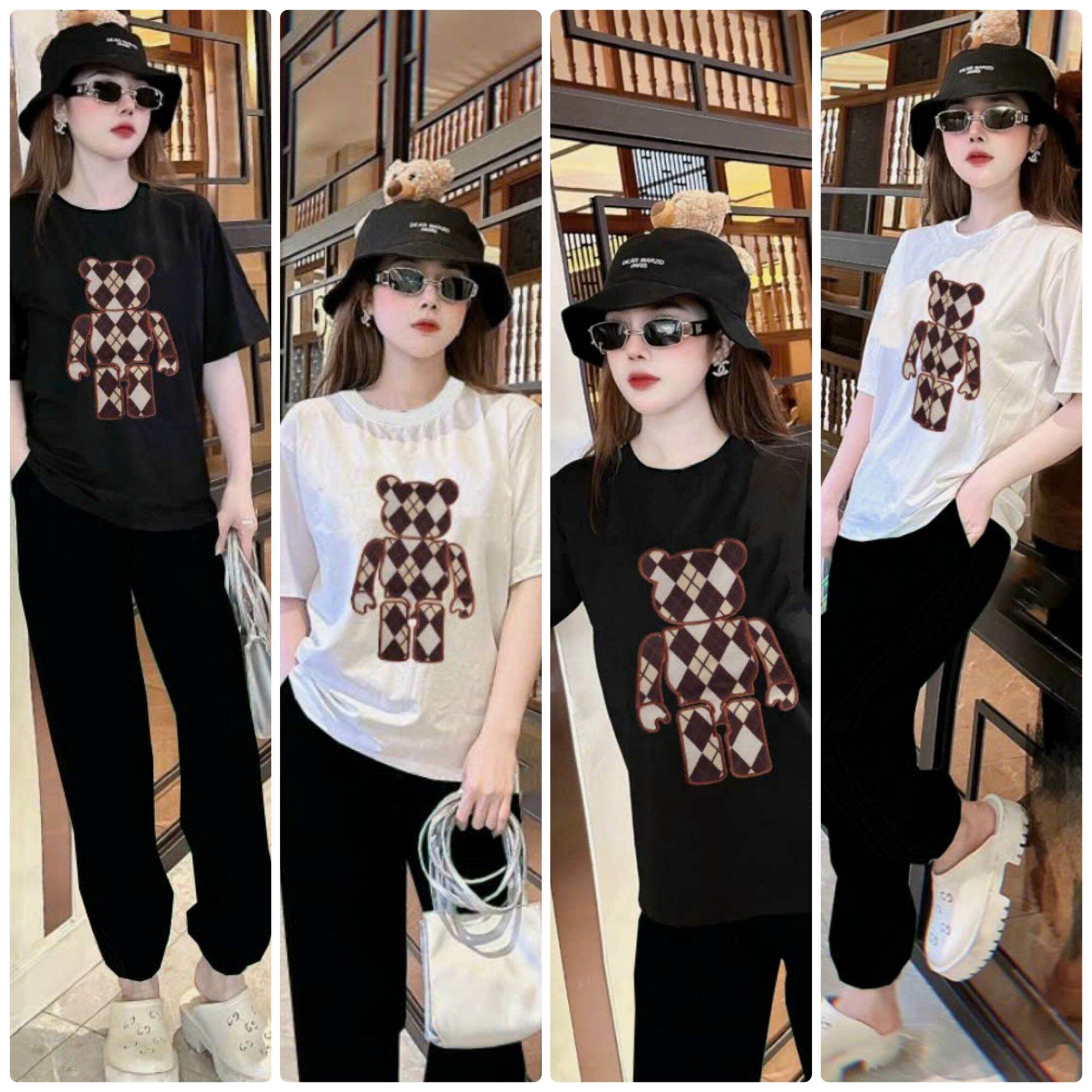 Set bộ đồ thun cotton dài form rộng áo thêu gấu caro nâu phối quần ống rộng bo thun