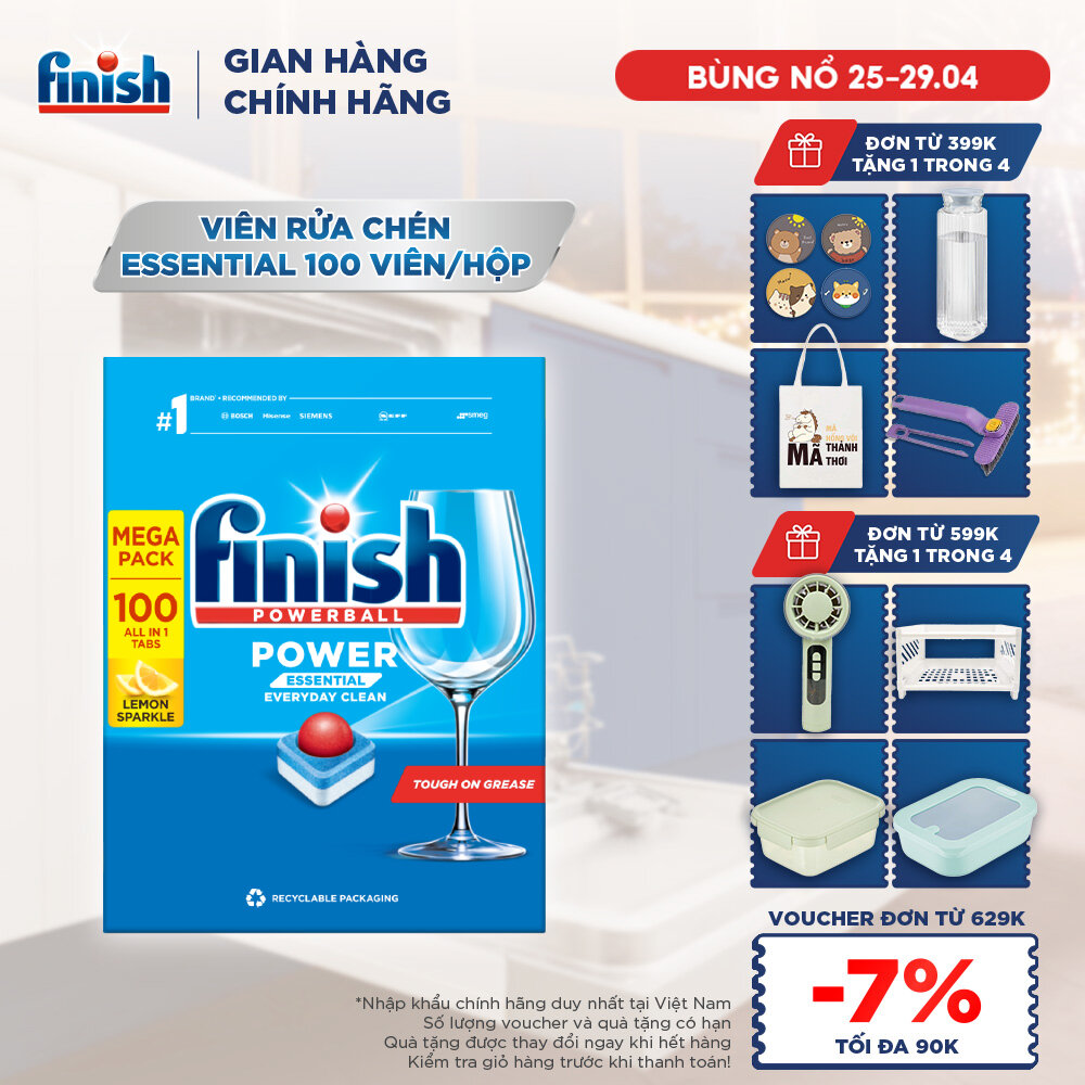 Viên Rửa Chén Bát Hương Chanh Finish Powerball Power Essential Lemon Sparkle - Hộp 100 viên siêu tiết kiệm