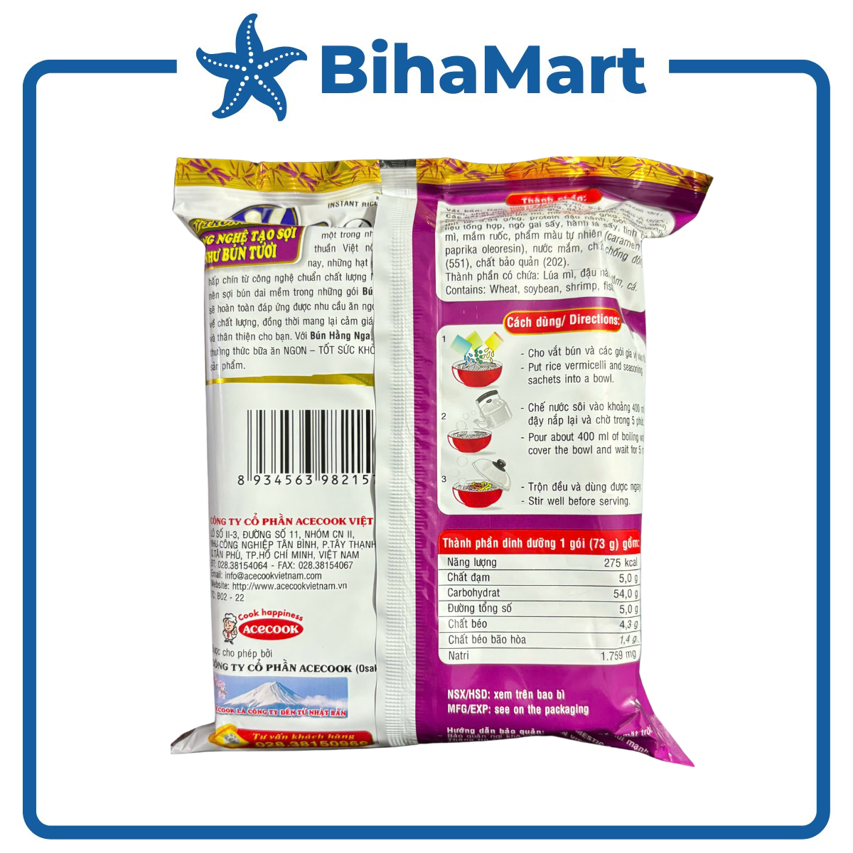 [SET 5 GÓI] - ACECOOK - Bún bò Huế Hằng Nga, Hằng Nga Bún bò Huế, Bún Hằng Nga hương vị Bún bò Huế, Bún bò Acecook (73g/gói)