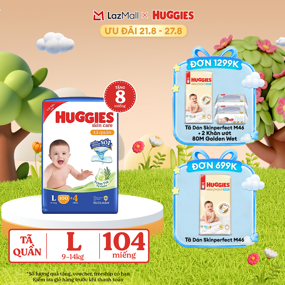 [17-24.08 GIẢM THÊM 90K]  Gói Tã/bỉm quần HUGGIES SKINCARE MEGA JUMBO size L100+4 miếng