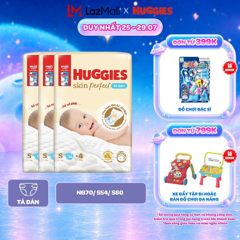 Thùng 3 gói Tã Dán Sơ Sinh Huggies Skin Perfect NB70/S54/S80 Với 2 Vùng Thấm Giảm Kích Ứng Da