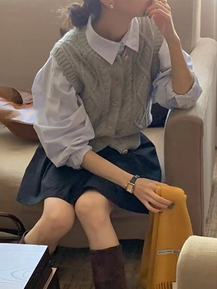 Áo Ba Lỗ Cardigan Dệt Kim Họa Tiết Sợi Đay Mặc Phối Kiểu Instagram Phong Cách Hàn Quốc Áo Len Gilê + Bộ Áo Sơ Mi Kẻ Sọc Trẻ Trung Nữ