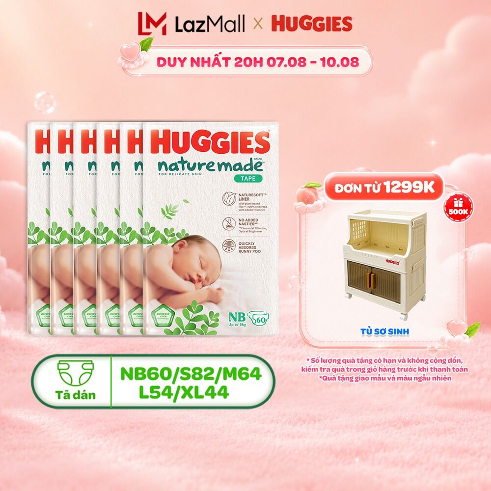 Combo 6 Tã/Bỉm Huggies Platinum NatureMade - Dán NB60/S82/M64/L54 hoặc Quần M58/L44/XL38/XXL26/XXXL28