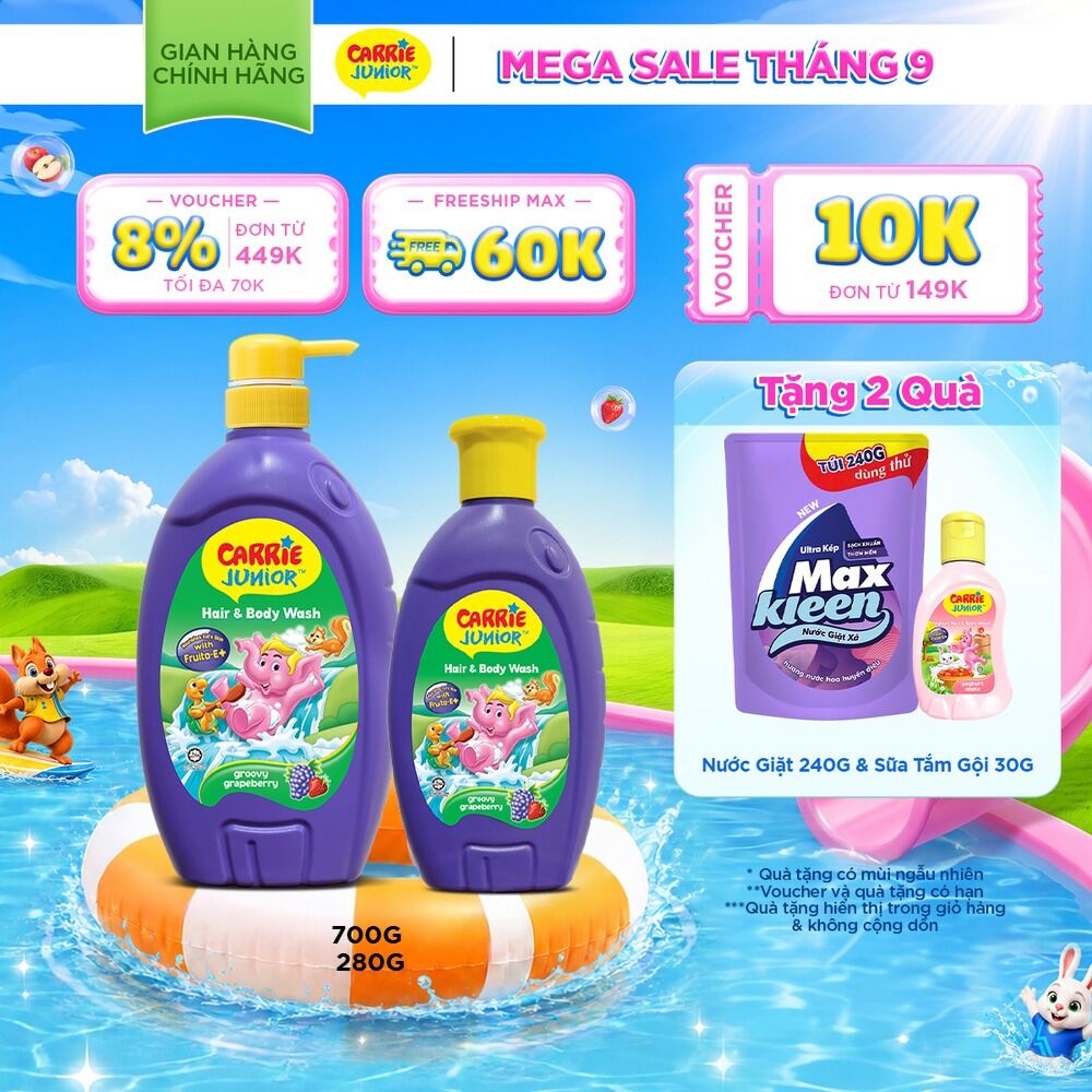 Combo Sữa Tắm Gội cho bé Carrie Junior chiết xuất trái cây thiên nhiên Hương Grapeberry: 700g + 280g
