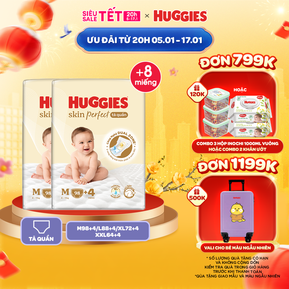 Combo 2 gói Tã quần Huggies Skin Perfect Mega Jumbo M98+4/L88+4/XL72+4/XXL64+4 miếng với 2 vùng thấm giảm kích ứng da