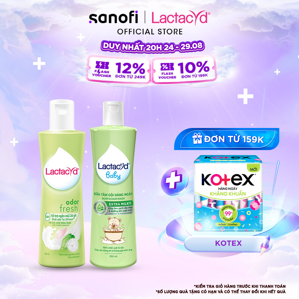 Bộ Dung Dịch Vệ Sinh Phụ Nữ Lactacyd Odor Fresh Ngăn Mùi 24H 250ml + Sữa Tắm Gội Trẻ em Lactacyd Baby Extra Milky 250ml