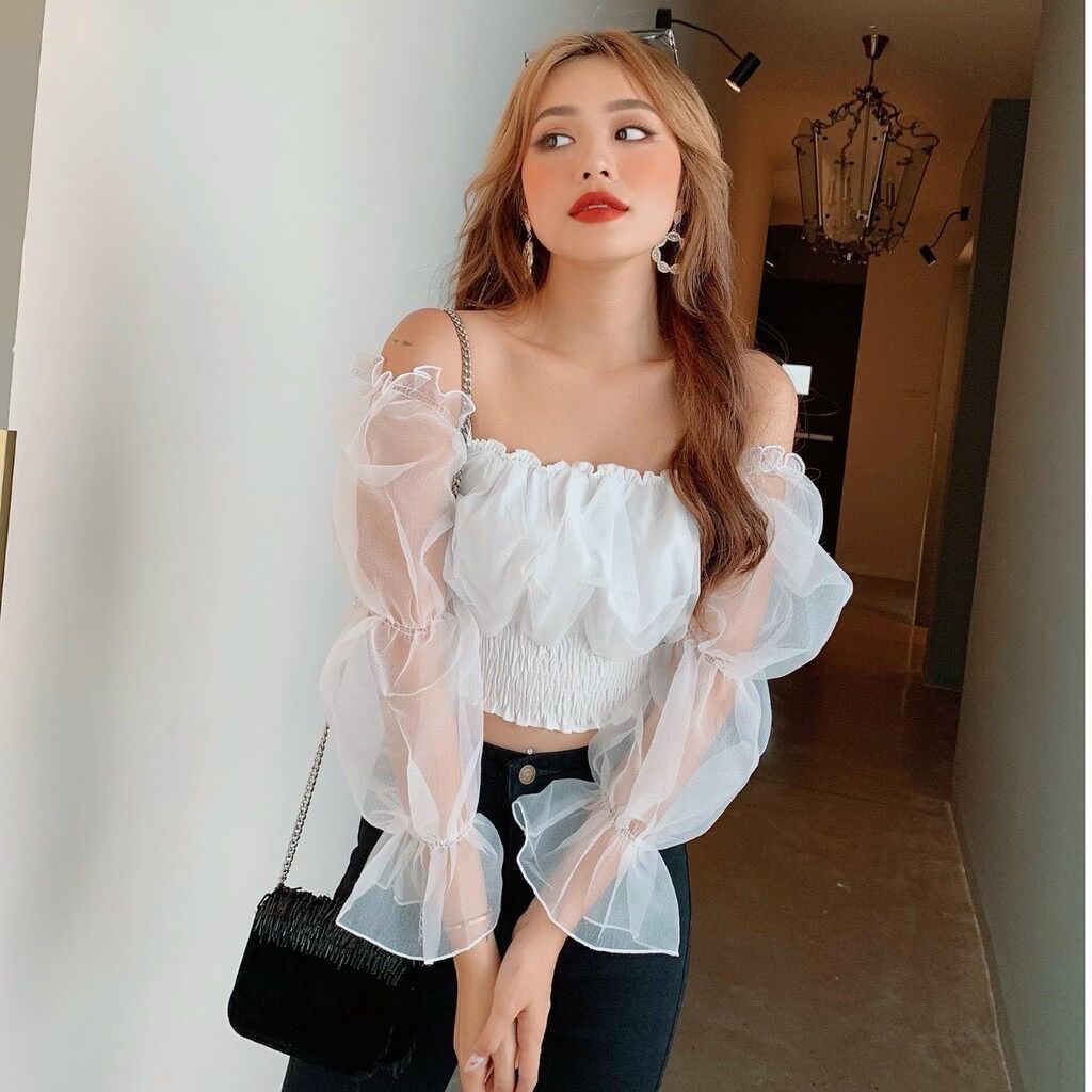 🍂Áo Bẹt Vai Voan Tay Lưới