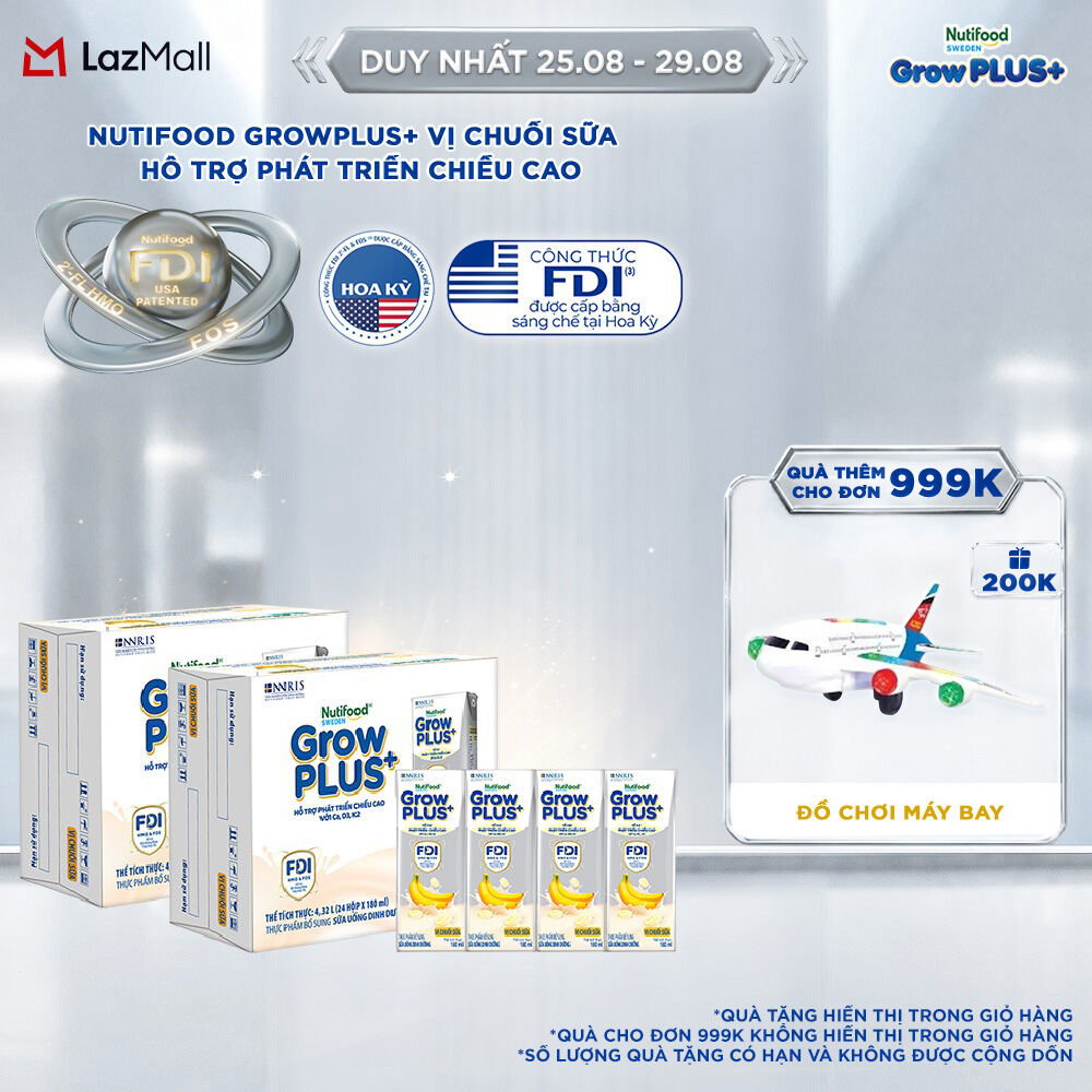 Combo 2 Thùng 24 hộp Sữa nước pha sẵn Nutifood Sweden GrowPLUS+ Vị Chuối Sữa hộp 180ml - Hỗ trợ phát triển chiều cao
