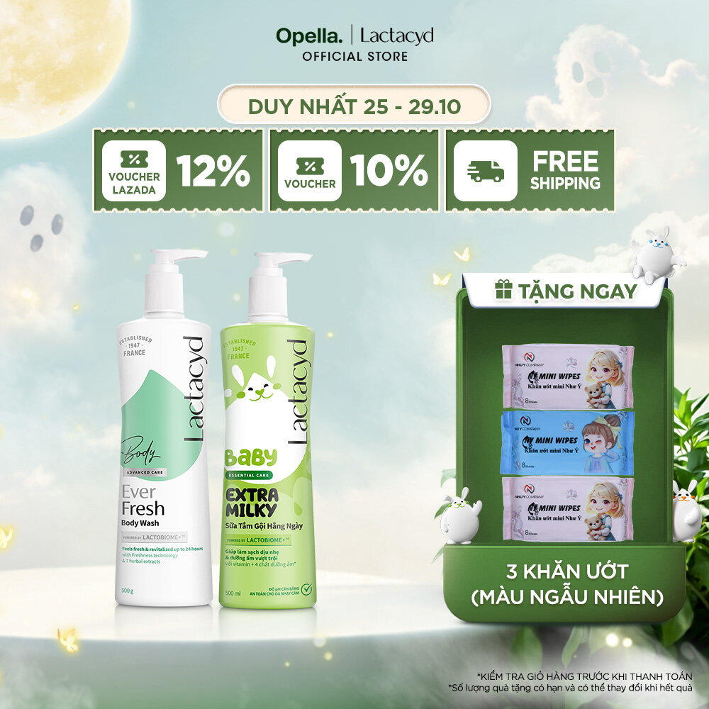 Bộ 1 Sữa tắm Lactacyd Ever Fresh mang lại làn da thơm mát và tràn đầy sức sống đến 24 giờ + 1 Sữa Tắm Gội Trẻ Em Lactacyd Milky Bảo Vệ, Nuôi Dưỡng Da và Tóc Bé Vượt Trội 500ml Cho Bé