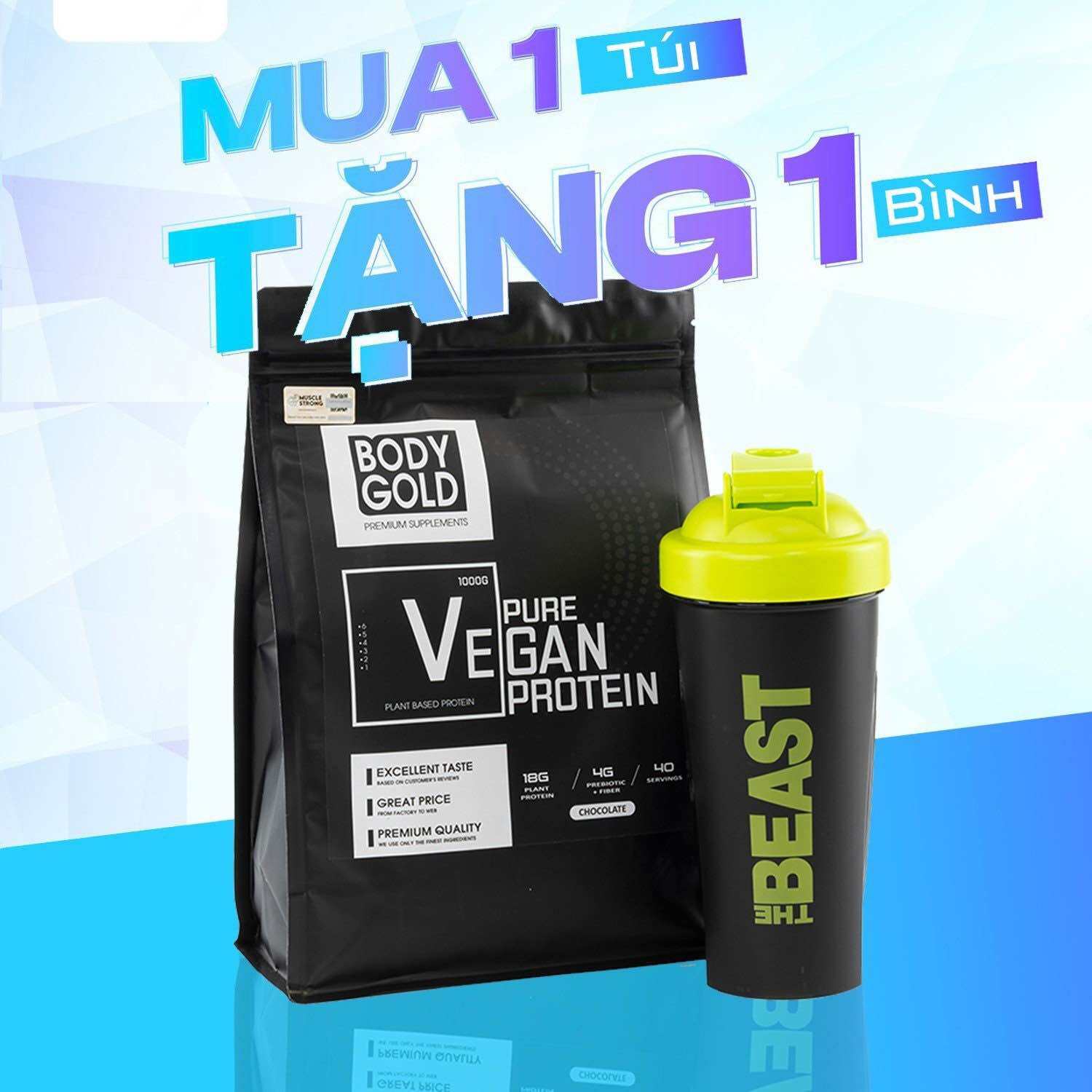 Whey Protein thực vật Pure Vegan Protein Sữa Tăng cân Tăng cơ Body Gold Túi 1kg + Tăng Bình Lắc
