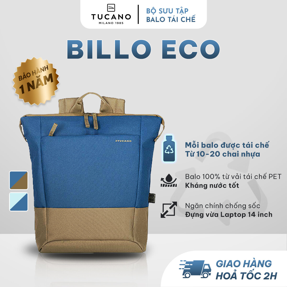 Balo Laptop Tái Chế TUCANO BILLO ECO 14 Inch - Chất Liệu Bền Đẹp, Chống Sốc, Chống Thấm Nước Tốt