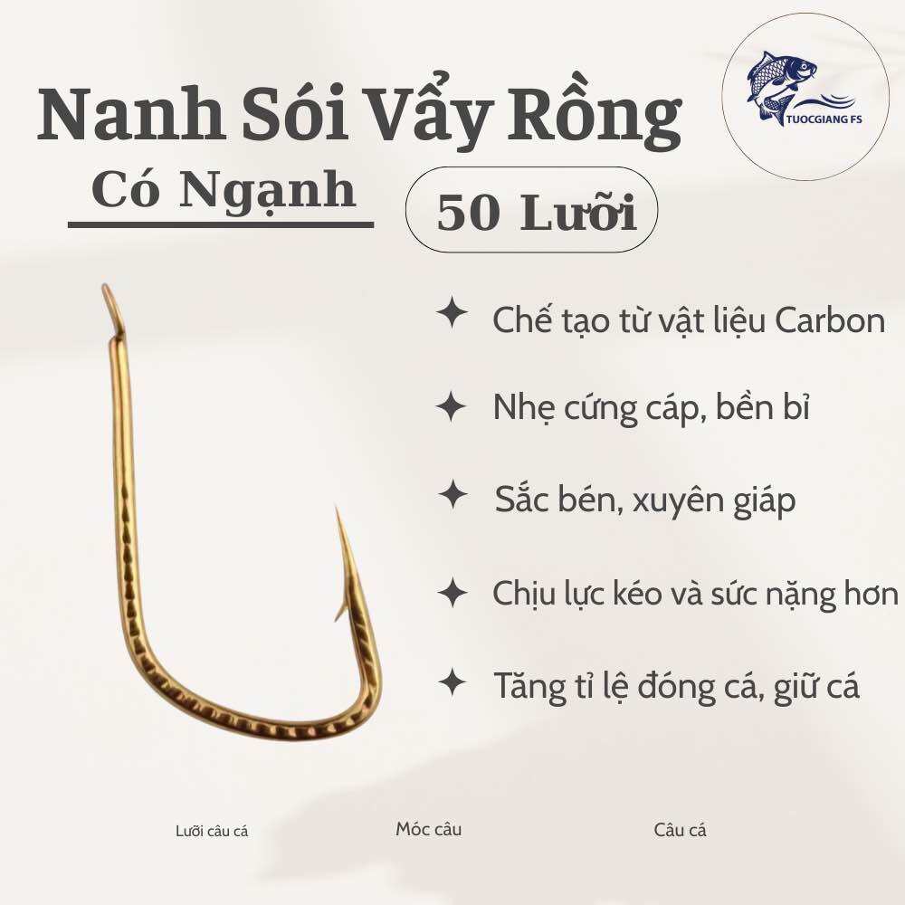 50 Lưỡi câu cá Nanh Sói vẩy rồng có ngạnh-COMBO 50 lưỡi câu-Thép carbon LC(Cá dưới 5kg dùng lưỡi số 2,3 trên 5kg dùng lưỡi số 4)