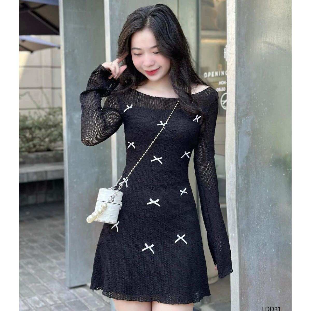 Đầm Chữ A Tay Loe Dài Vải Lưới Đính Nơ Kèm Lót