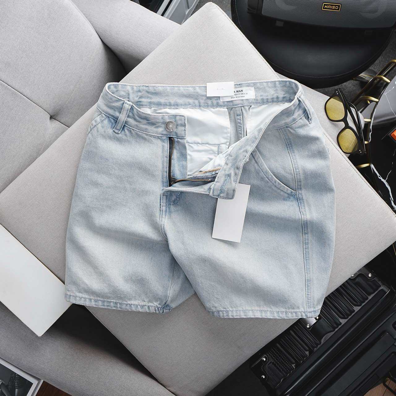 Quần Short Đùi Jean Nam vnxk Co Giãn ống suông cotton Màu Xanh sáng