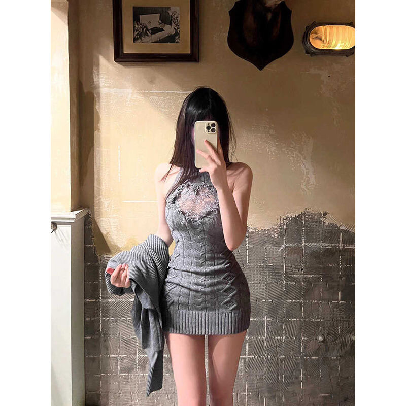 Váy Vest Dệt Kim Cổ Cao 1JINN STUDIO Dành Cho Nữ Váy Len Khoét Sâu Ren Váy Len Thu Váy Bó Eo Váy Ngắ