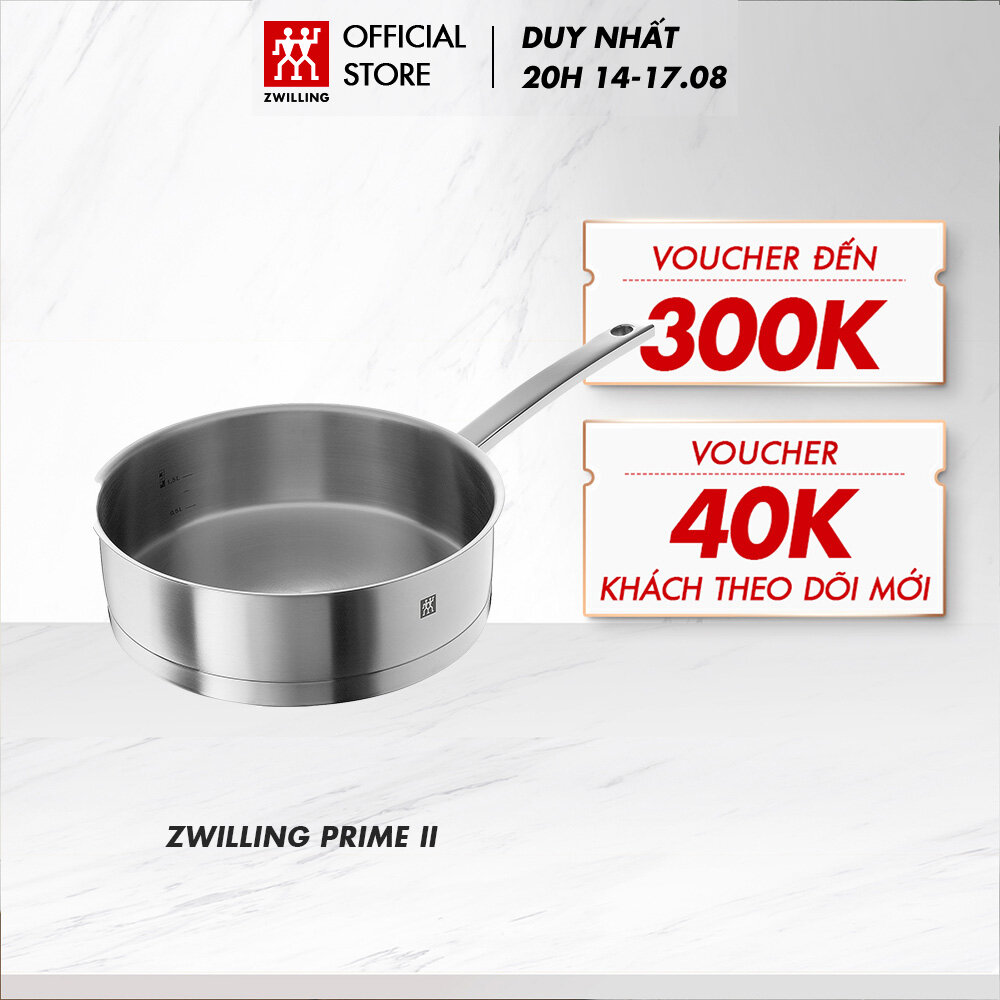 Chảo chống dính ZWILLING Prime II 24cm/6L - bằng thép không gỉ, không tráng phủ, nắp kính khóa ẩm, tay cầm chống nóng