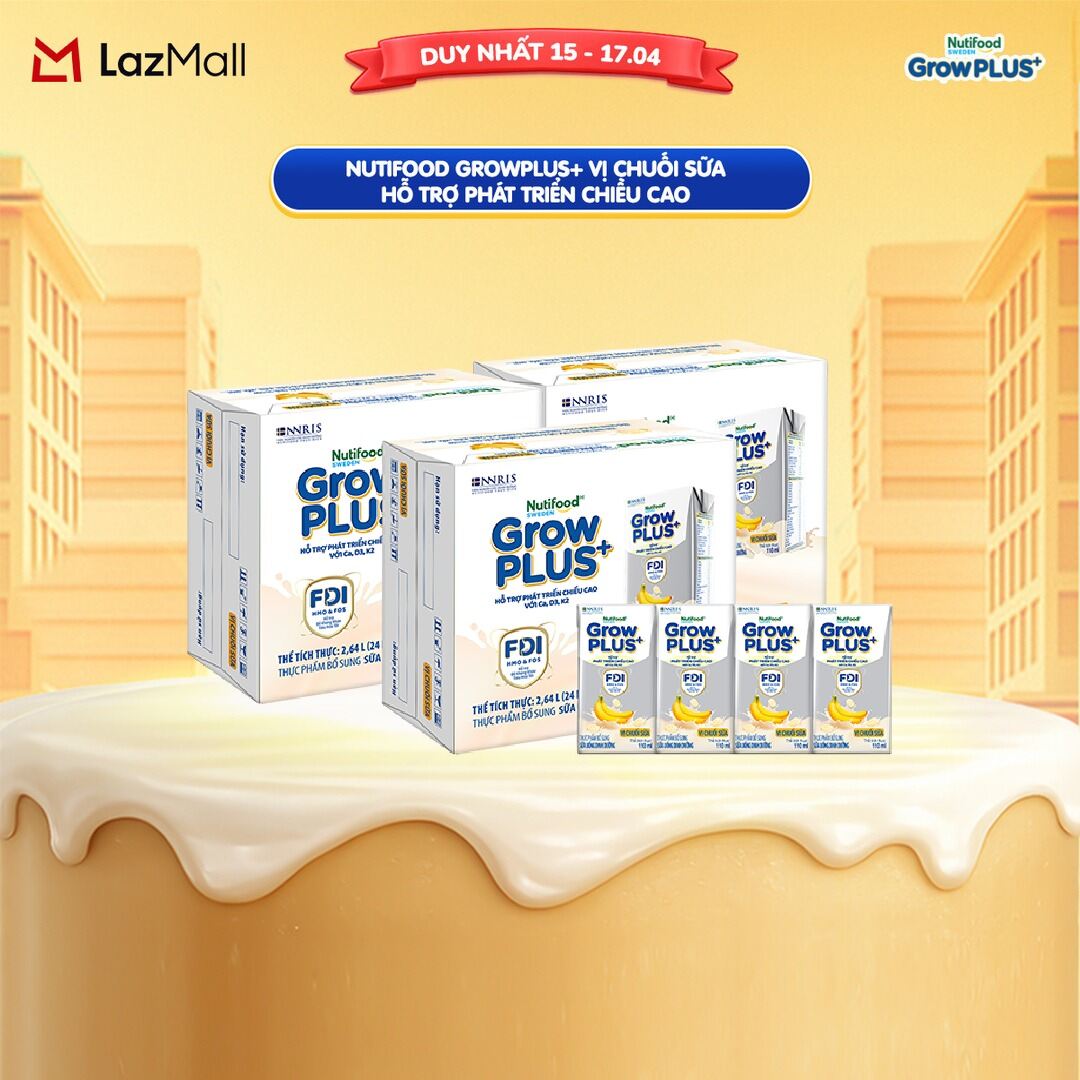 Combo 3 Thùng 24 hộp Sữa bột pha sẵn Nutifood Sweden GrowPLUS+ Vị Chuối Sữa hộp 110ml - Hỗ trợ phát triển chiều cao