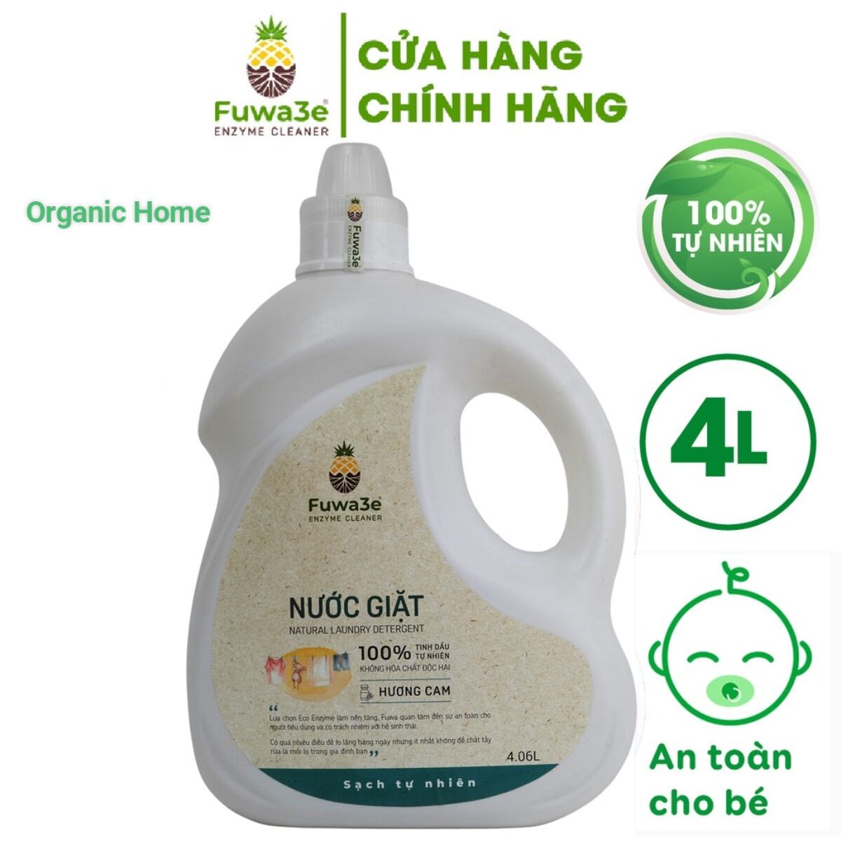 Nước Giặt Hữu Cơ Fuwa3E, Can 4 Lit - Enzym Sinh Học - Sạch Bay Vết Bẩn, Khử Mùi Hiệu Quả, Không Phai Màu