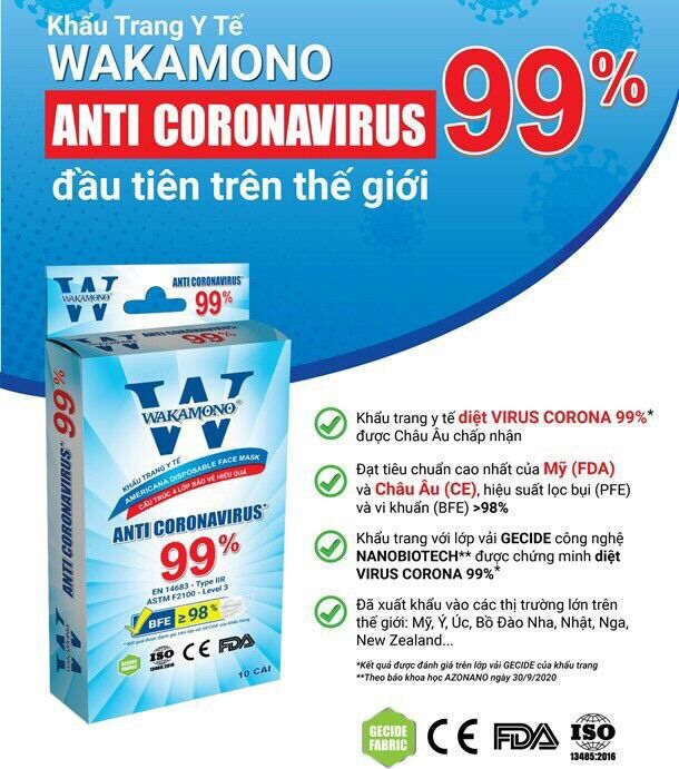 [HCM][ Chính Hãng ] HỘP 10 CÁI KHẨU TRANG WAKAMONO DIỆT VIRUS CORONA - Đạt chứng nhận Châu Âu CE và Mỹ FDA