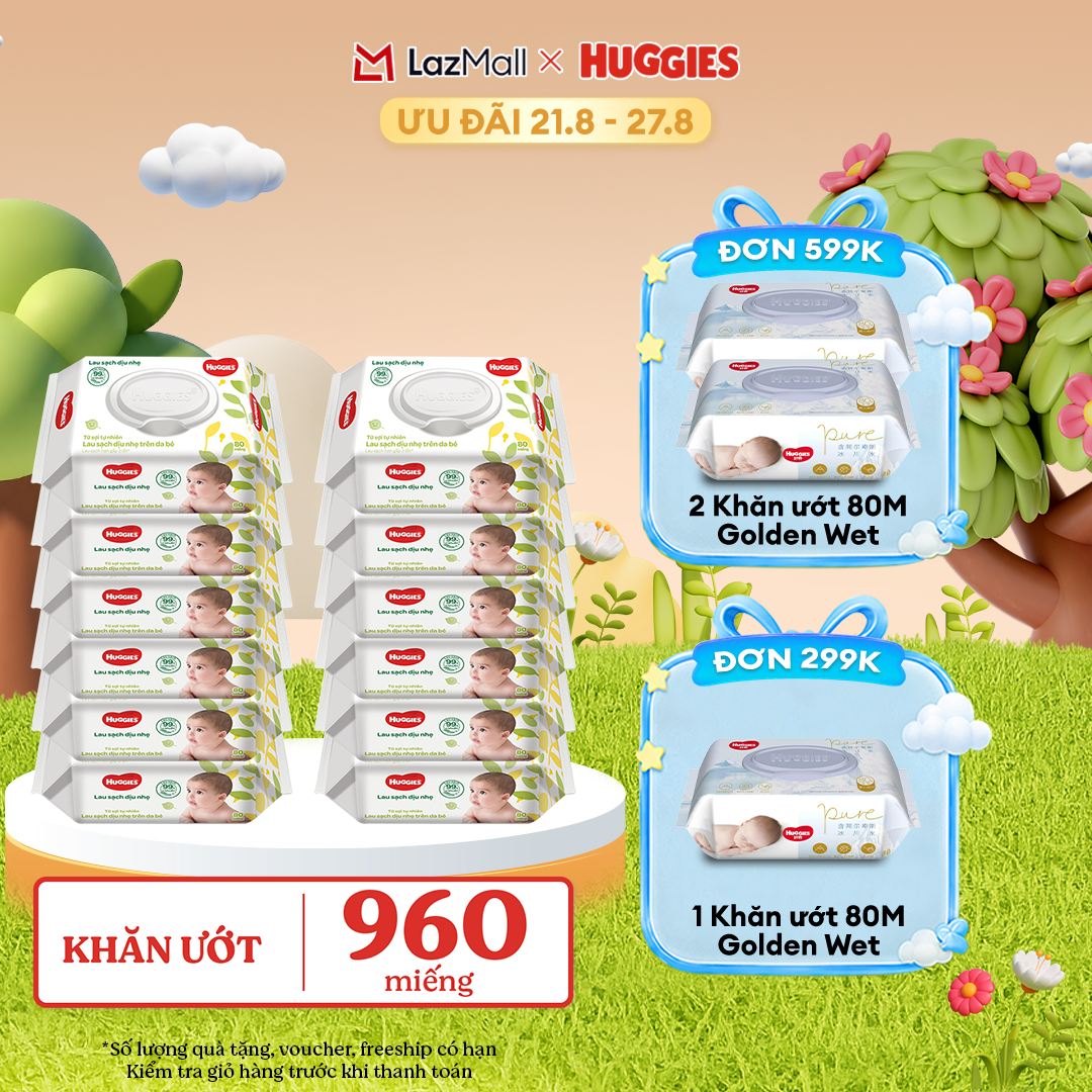 [17-24.08 GIẢM THÊM 90K] Thùng khăn giấy ướt 12 gói Huggies 80 miếng không mùi