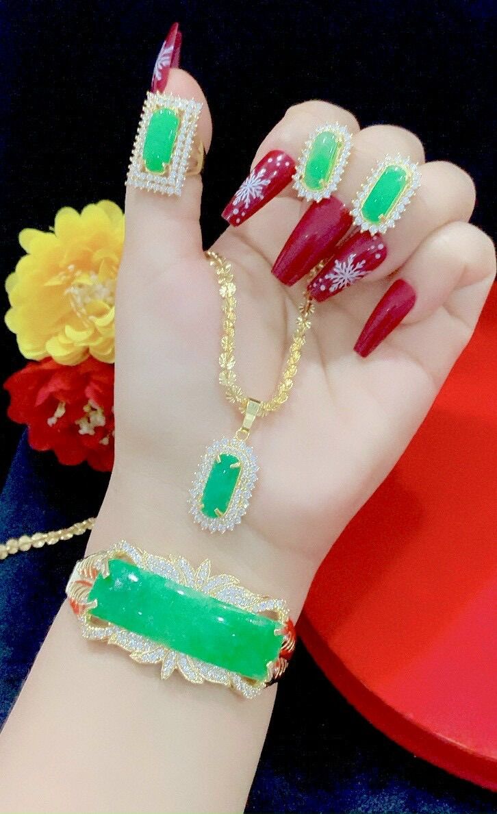 Set bộ trang sức mạ vàng 18k đính cẩm thạch xanh