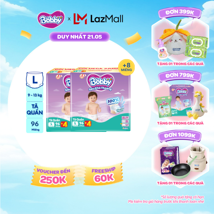 [SALE CUỐI THÁNG tặng QUÀ TO-SLCH][TẶNG MIẾNG NGẪU NHIÊN] Combo 2 Tã/bỉm quần Bobby 3mm Mega Jumbo Siêu khô thoáng L96