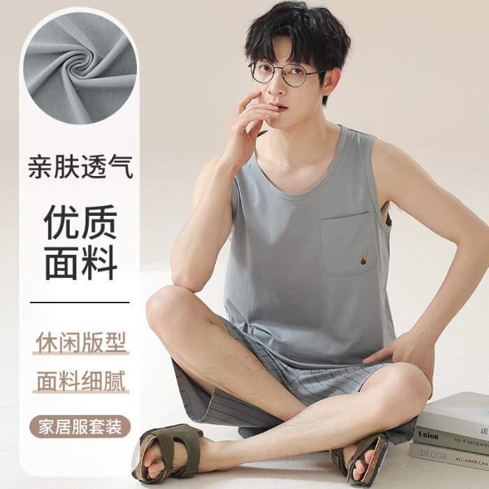 Bộ Đồ Ngủ Cotton Dệt Kim Mùa Hè 2025 Áo Vest Và Quần Ngắn Không Tay Rộng Rãi Cho Nam Bộ Đồ Mặc Nhà T