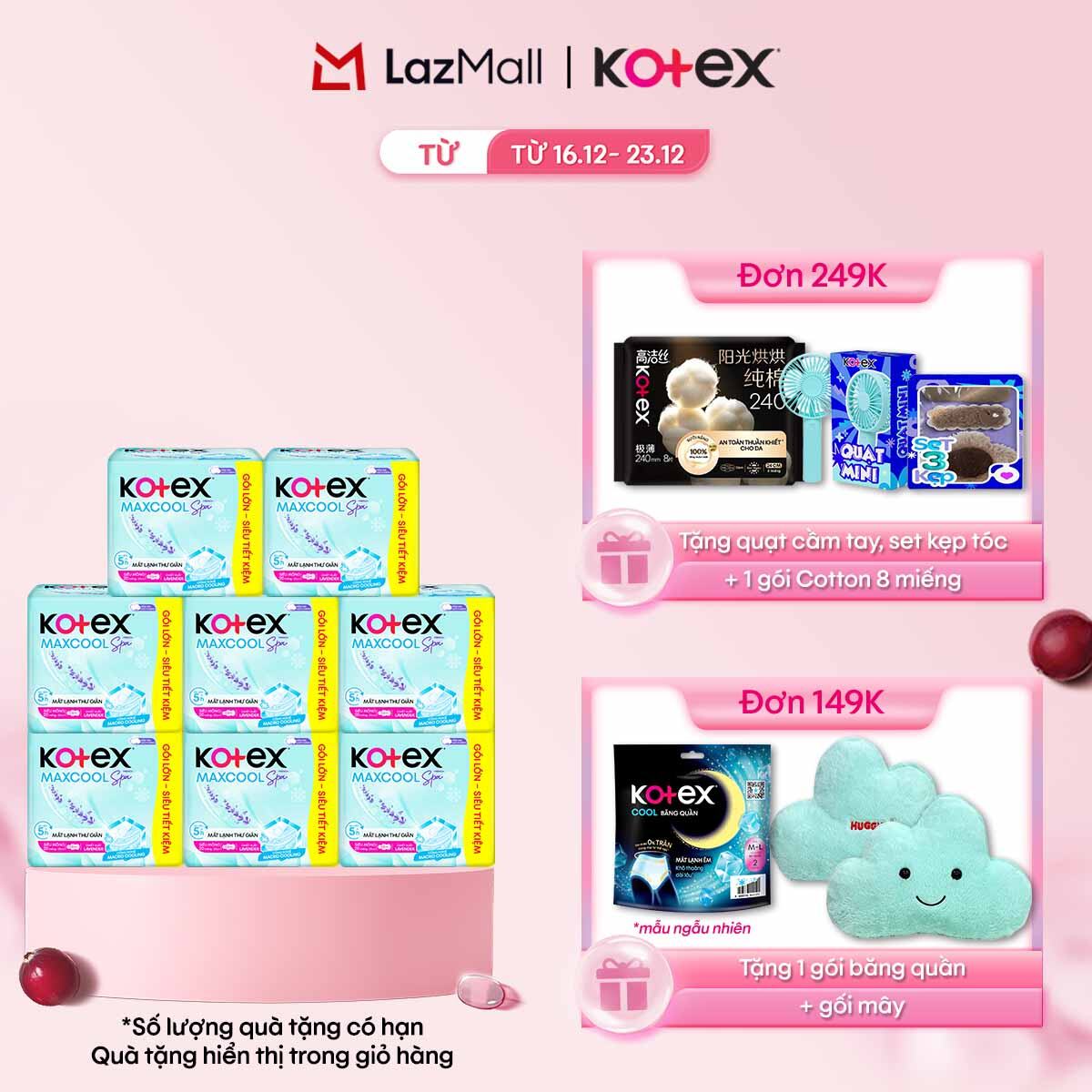   Duy Nhất 16-23.12  QT Đơn 69K 149K 249K   Combo 8 gói băng vệ sinh Kotex Max Cool French Spa siêu mỏng cánh 23cm 20x8 miếng 