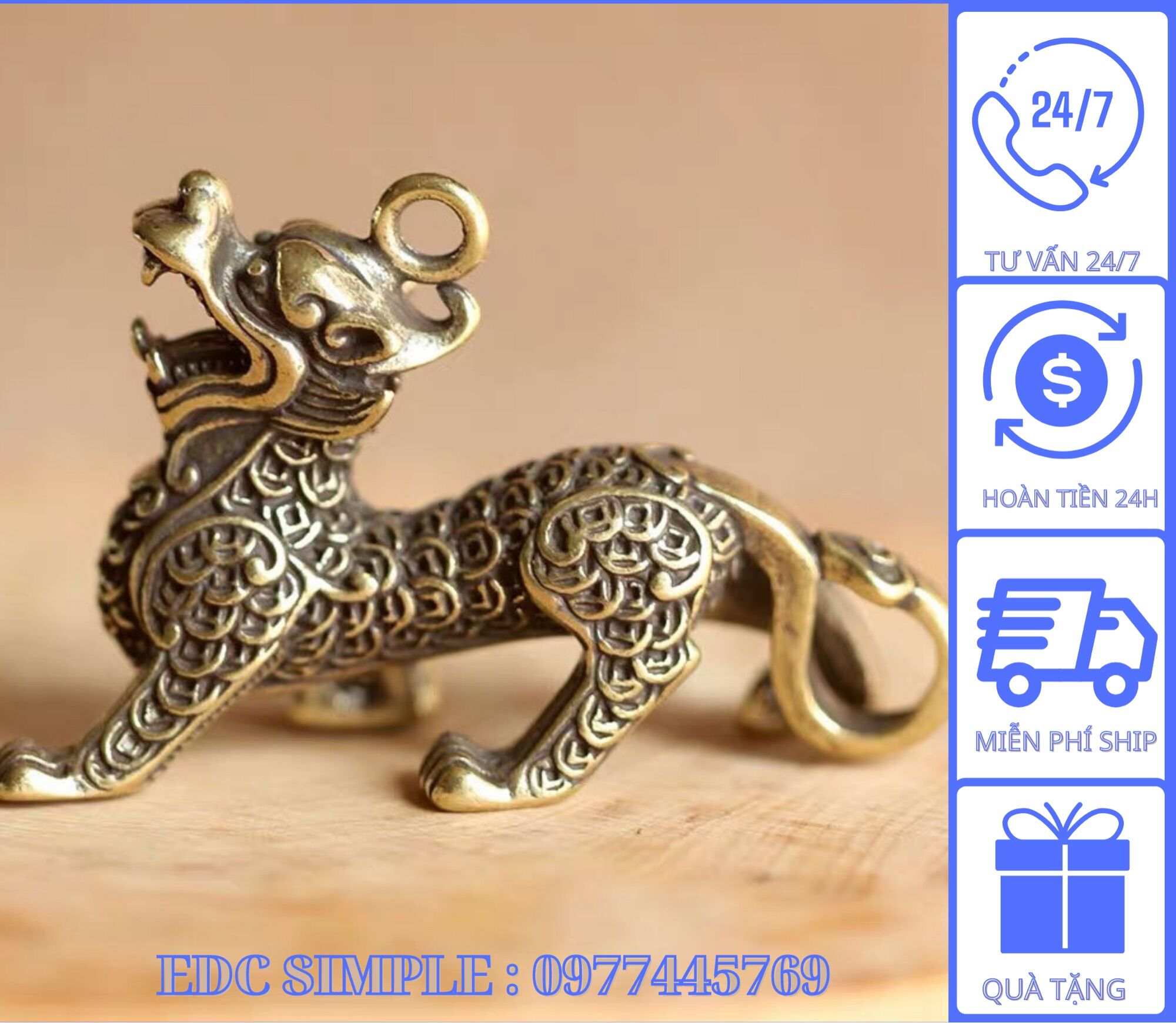 Tượng tỳ hưu mini bằng đồng thau , móc khoá tỳ hưu chiêu tài lộc may mắn