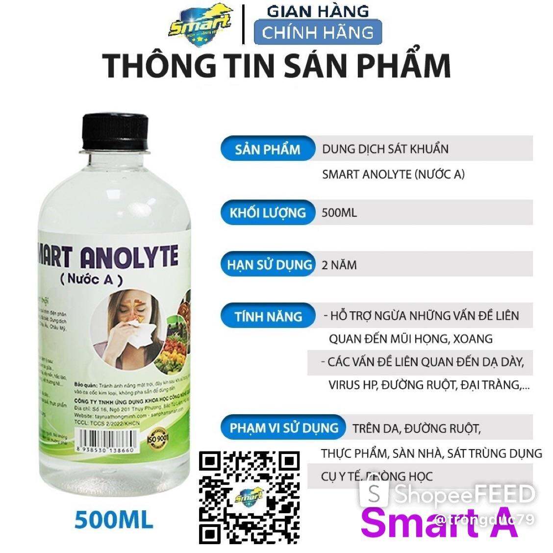 Nước anolyte - Dung dịch sát khuẩn Smart A 500ml - Khử khuẩn da, vệ sinh mũi họng - An toàn, không gây kích ứng