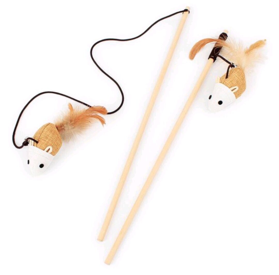 Cần câu mèo cán gỗ đính đồ chơi thư giãn cho thú cưng