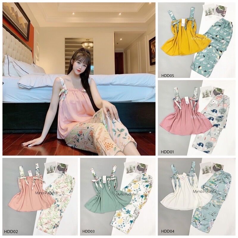 Bộ 2 dây Lụa Satin mềm mát quần dài mặc nhà, bộ ngủ lụa satin