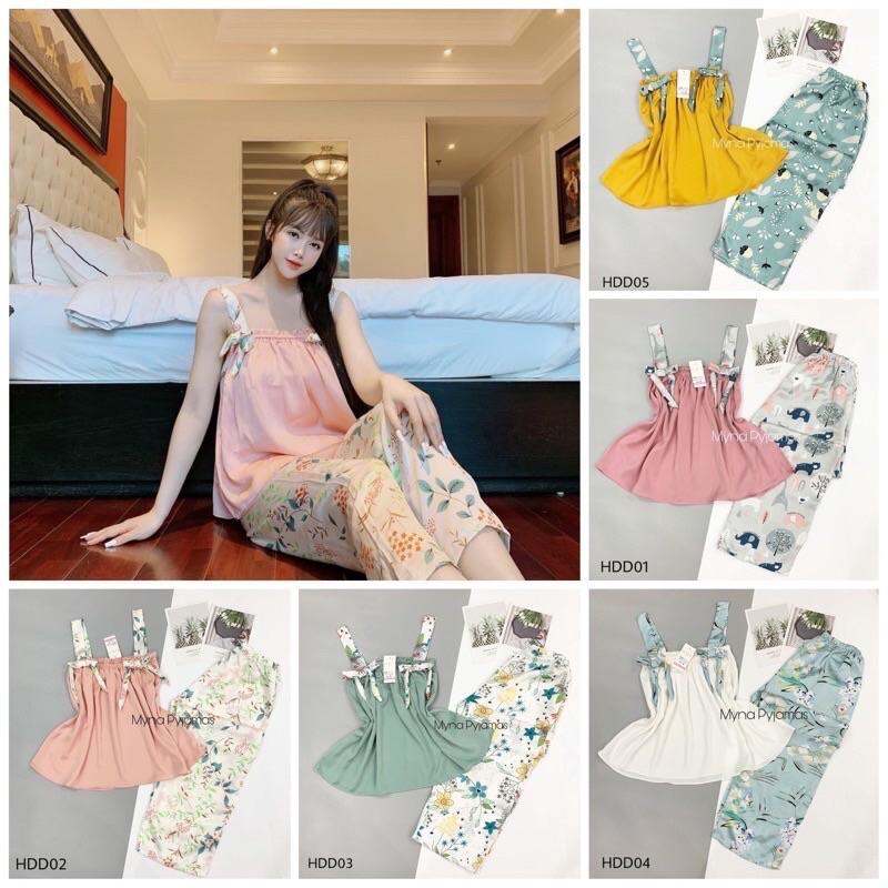 Bộ 2 dây Lụa Satin mềm mát quần dài mặc nhà, bộ ngủ lụa satin