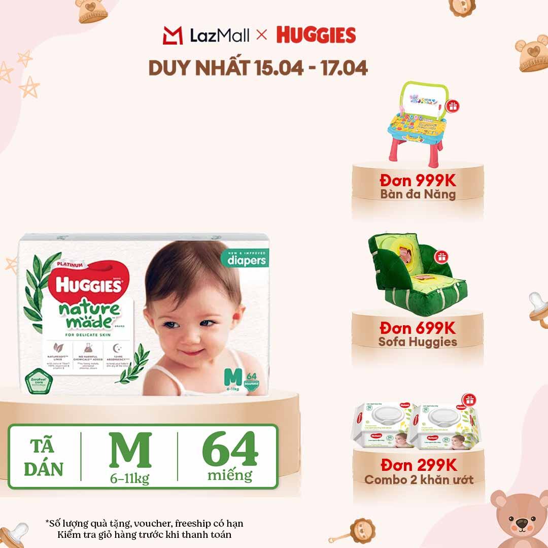 [CHỈ 18-24.04 QUÀ TẶNG ĐƠN 399K](Mua 1 tặng 1)  Tã/Bỉm dán HUGGIES PLATINUM NatureMade M64 (6-11kg)-Gói Jumbo 64 miếng