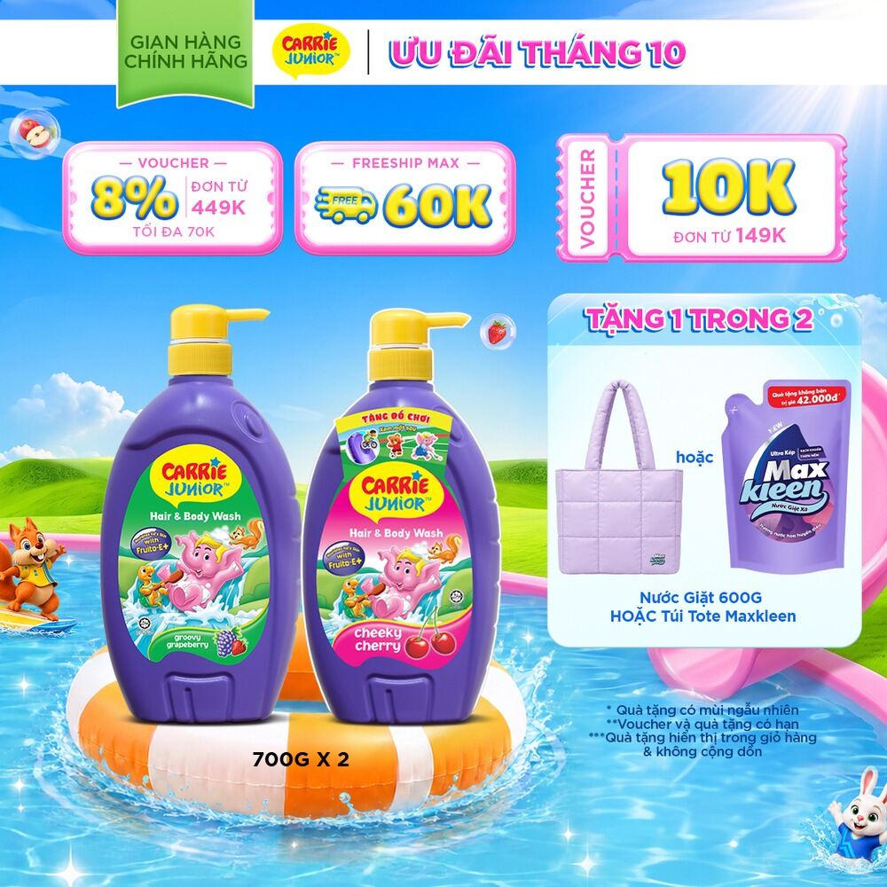 Combo 2 Sữa Tắm Gội cho bé Carrie Junior chiết xuất trái cây thiên nhiên (700g/chai): 1 Hương Grapeberry + 1 Hương Cherry