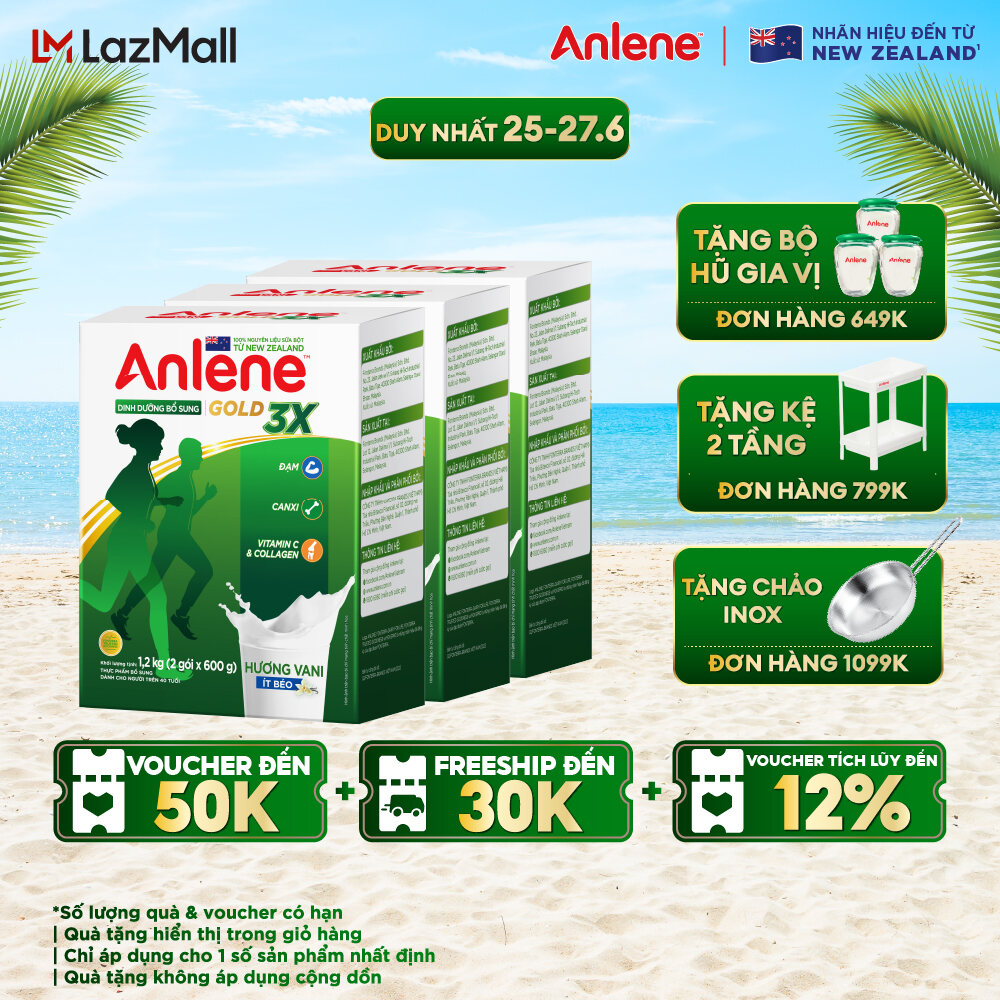 [GIẢM 15% ĐẾN 150K + TẶNG CHẢO INOX] Combo 3 Hộp sữa bột Anlene Gold 3X Vanilla 1.2kg