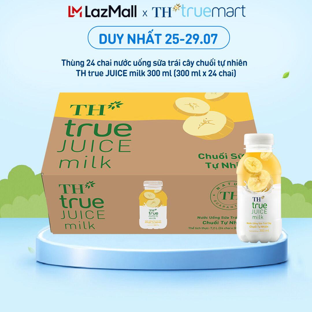 Thùng 24 chai nước uống sữa trái cây TH true JUICE milk vị chuối tự nhiên 300 ml (300 ml x 24)