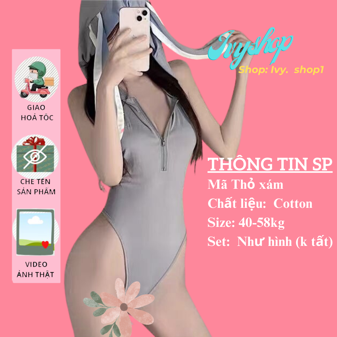 Bộ Đồ Ngủ Cosplay Sexy Thỏ Bunny Gợi Cảm, ẢNH THẬT - Bộ Đồ Ngủ Body Liền Kẹp Thân Mã Thỏ xám TX162 - Ivyshop
