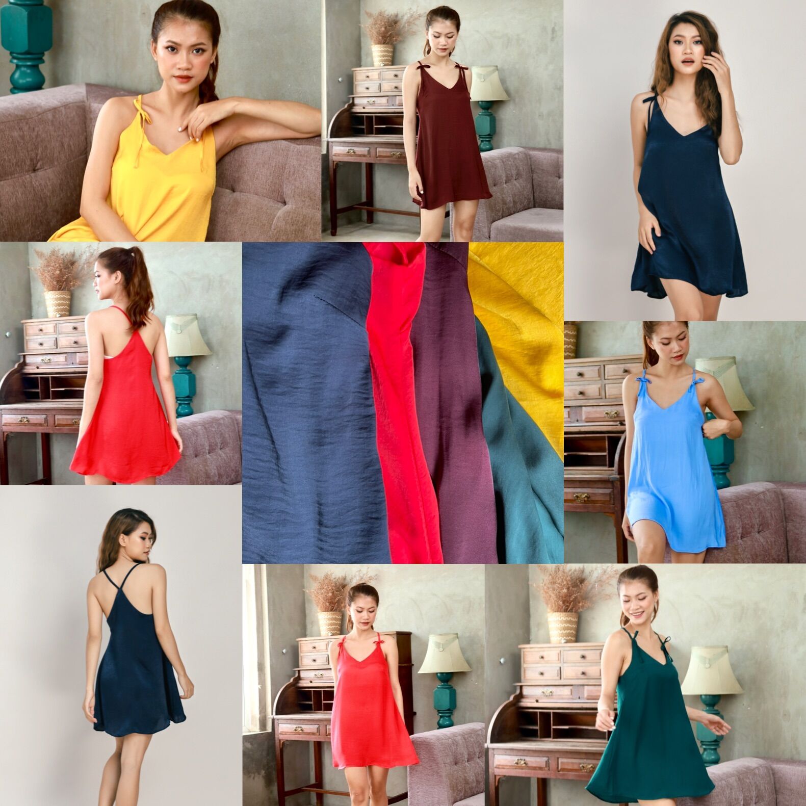 Đầm lụa ngắn mặc nhà 2 dây yếm cổ sau Infashion