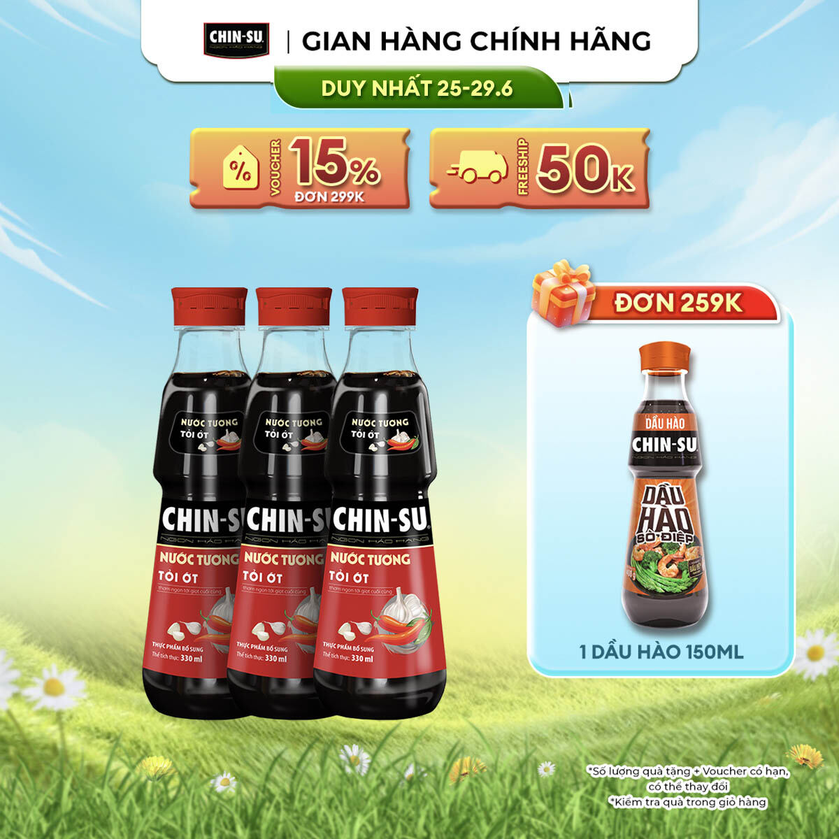 [DUY NHẤT 25-29.06 VOUCHER 18% ĐƠN 249K] Combo 3 Nước Tương CHIN-SU Tỏi Ớt Chai 330ml